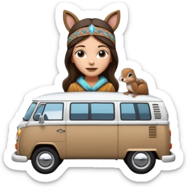 A parked VW bus painted white and black and filled with different 3d crystals and 3d crystals secured to roof surrounded by winter scenery with squirrels, birds, rabbits, wolves and driven by a brunette hippie with headband sticker