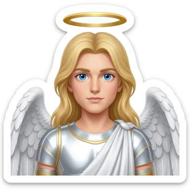Male Guardian Angel from Christian Mythology with blue eyes, long blonde hair, white metallic toga sticker