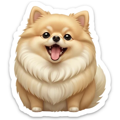 Cinematic Cute Yawning Cream Pomeranian Portrait Emoji, Head tilted slightly with a dramatic, wide-open yawn, showcasing a soft, fluffy cream Fur with gentle highlights, floppy ears slightly drooping, round dark eyes barely open in drowsy contentment, Simplified yet irresistibly adorable features, highly detailed, glowing with a soft, cozy glow, high shine, relaxed yet expressive, stylized with a touch of whimsy, bright and endearing, soft glowing outline, capturing the essence of a sleepy yet affectionate companion, so drowsy it feels like it could stretch right out of the screen and curl up for a nap! sticker