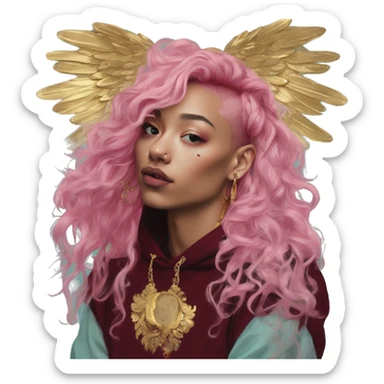 Vintage painting swirls gold jewellery baroque raven wings angel tropical Deep pink maroon burgundy cyan dark hoodie man vitiligo dyed hair gold piercings nose piercing ear piercings sticker