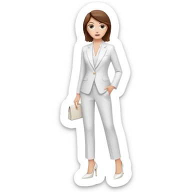 Chica blanca, traje pantalón blanco, zapatos blancos tacon pelo recogido con mechones sueltos castaño ycuerpo entero sticker
