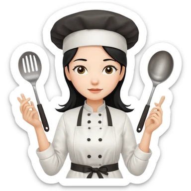 조리도구 든 대사관하얀 검정 긴머리 여자요리사 sticker