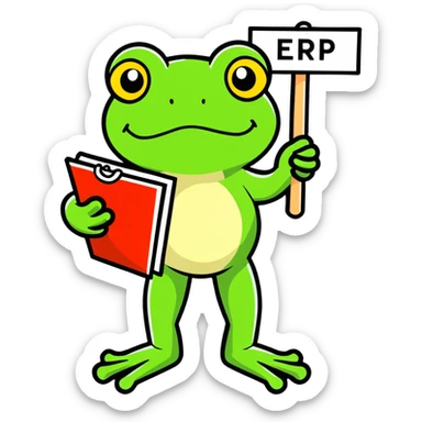 frog holding a sign that says ERP, cartoon sticker style sticker