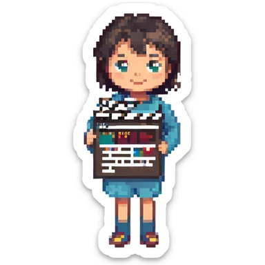 a child with a clapperboard sticker