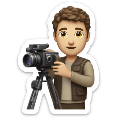 European film director with brown piled short hair holding a cinema camera sticker