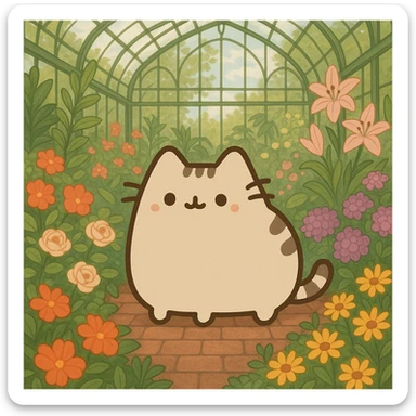 beige pusheen kitten in a botanical garden greenhouse filled with flowers sticker