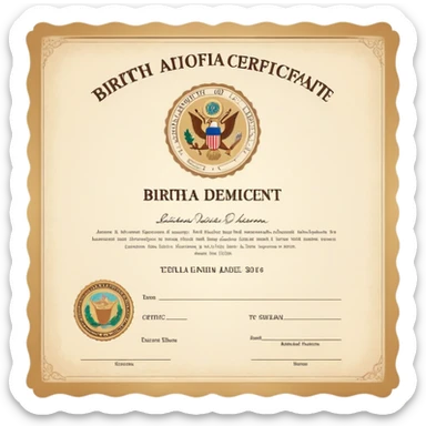 Birth certificate document with name, date of birth, and official seal sticker