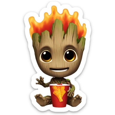 Baby groot eating, flaming hot Cheetos sticker