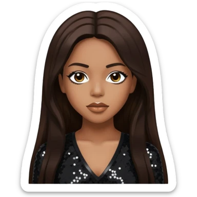 Aaliyah with long dark brown hair, black sequin outfit sticker
