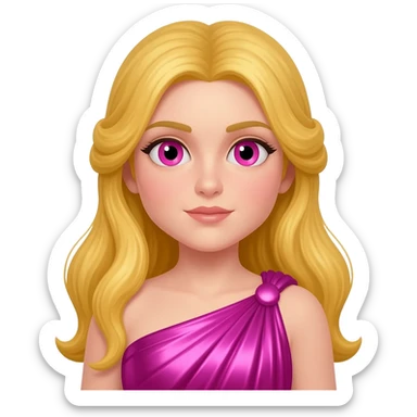 Aprodite from Greek Mythology with pink eyes, long golden blonde hair, hot pink metallic peplos sticker