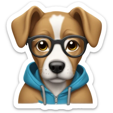 A pup wearing glasses and a hoodie sticker