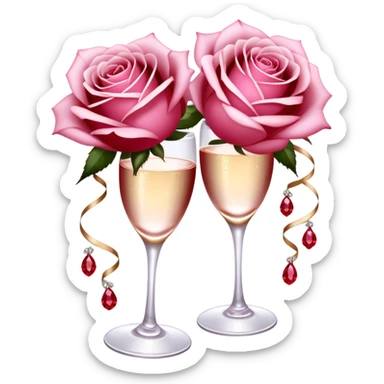 Soft pink champagne roses intertwine with glistening rubies, blending elegance with warmth. The delicate petals and deep red gems create a luxurious, romantic scene. sticker
