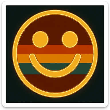 Create an image using the retro 80's color palette from the second image, but with the style and layout of the first image: a bold smiley face with glowing neon outlines, horizontal color stripes, and a clean, digital look. No vintage texture. sticker