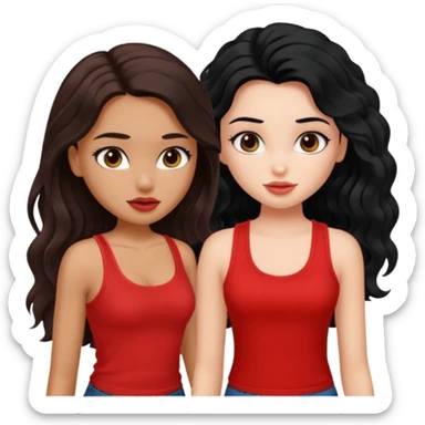 generate a pretty tan bratz girl with brown wavy hair long wearing a red tank top. talking to a girl with black hair wearing black sticker