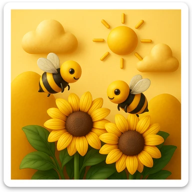 3D iOS style emoji of sunflowers with bees, a sun, and clouds in the background, mimicking the colors and composition of the reference image, add more details sticker