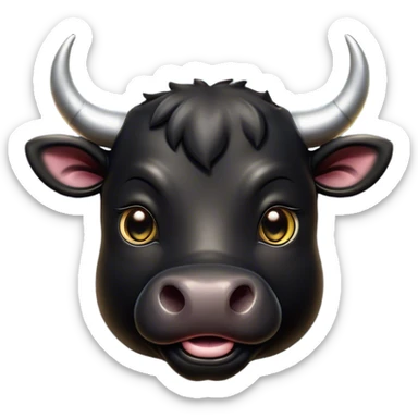 Cinematic Cute Black Bull Portrait Emoji, Head tilted playfully and inquisitively, featuring a glossy, robust black hide with a striking sheen, round, sparkling dark eyes filled with gentle curiosity, Simplified yet irresistibly adorable features, highly detailed, glowing with a warm, friendly glow, high shine, affectionate and imposing, stylized with a touch of rugged charm, bright and endearing, soft glowing outline, capturing the essence of a mischievous yet loving bull, so playful it feels like it could stomp out of the screen and into your arms! sticker