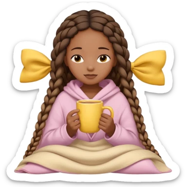 black girl with long braids, eyes closed, light beige blanket, light bow in hair, holding a yellow mug, cute cozy emoji style sticker