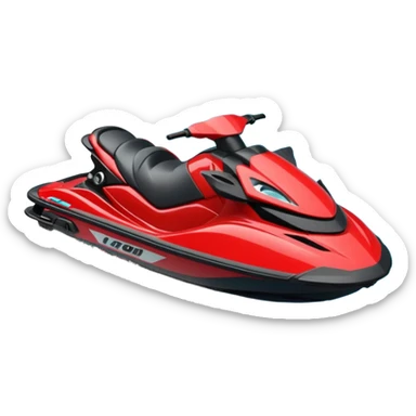 jet ski (red black and white all in the same amount. maybe a red a bit more dominant) on the sea. show the sea under the jet ski - blue with turquoise. no sky - white background instead. DO NOT REMOVE THE SEA AND THE WHITE WHEN FINALIZING!  sticker