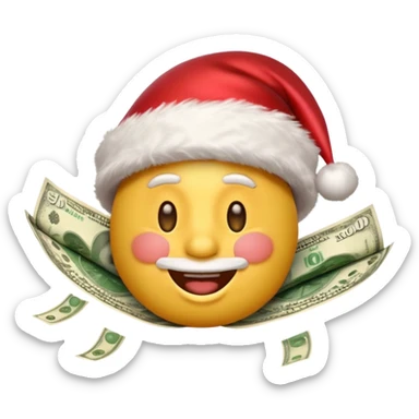 A rich happy emoji face in Santa hat, covered in money, cash stacks and flying dollar bills, Christmas mood, New Year festive style, glossy 3D emoji, vibrant colors, high detail, no text, isolated, transparent background sticker