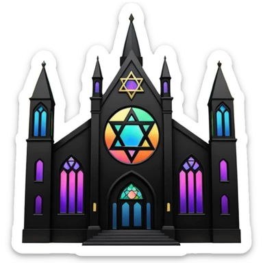 jewish synagogue temple in dark goth aesthetic style with black building and rainbow tint glass windows and star of david and celestial symbolism of peace and acceptance  sticker