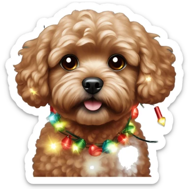 Dark Red maltipoo with Christmas lights decorated around its neck sticker