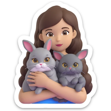 brunette chinita girl holding a brown holland lop rabbit, gray persian cat, and black kitten sticker