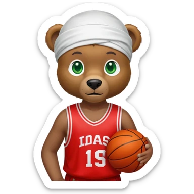 Cool brown bear with green eyes in a white silk durag and red basketball jersey showing just the top shoulders and collar, iOS emoji style sticker