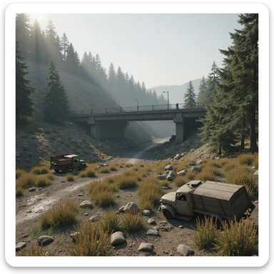  a screenshot of a location in a videogame  the image of the scene consists of:  [above-ground freeway partially collapsed], a wooded area, a small field of wheat, sandbag barricades. distant smoke. uneven terrain, derelict vintage work trucks, more distant smoke. polluted and war-torn sticker