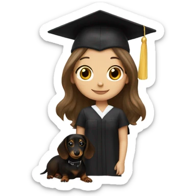Brown haired white girl in graduation cap holding black long haired dachshund  sticker