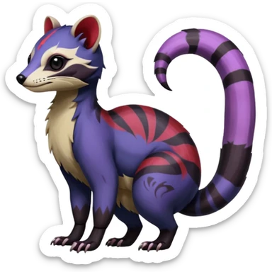 Rare warm-colored exotic gloomy tropical edgy cute epic aesthetic spooky indigo violet white black red gothic colorful Salandit-Furret-Civet-species-Fakemon-hybrid-creature, with tribal tattoo markings, full body sticker