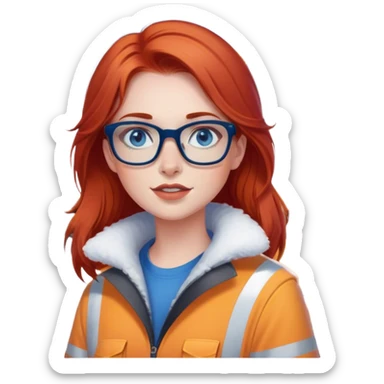 lady with shoulder length red hair, blue eyes and glasses inside a big Snowplow and show the snowplow sticker