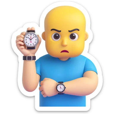 A yellow emoji face with a worried expression, looking at a wristwatch with raised eyebrows, showing urgency and stress sticker