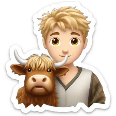 White brunette boy with fluffy highland cow sticker