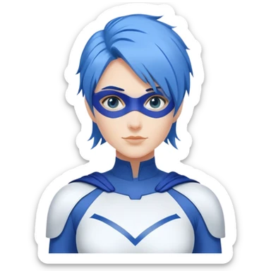 24x24 emoji close-up of a friendly woman with blue hair, wearing a minimalist blue and white superhero suit. The suit has a large blank area on the chest for a logo, uses only blue and white colors, and includes minimal details. No accessories on the face, no mask. sticker