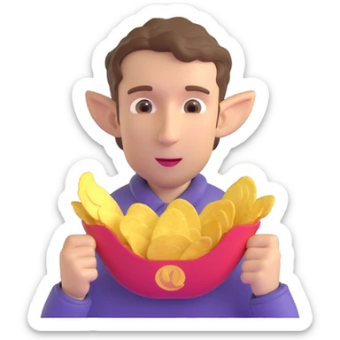 Man with short wavy hair, large ears, holding potato chips sticker