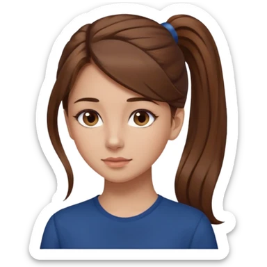 pretty girl brown long hair makeup ponytail  on left shoulder, dark blue shirt sticker