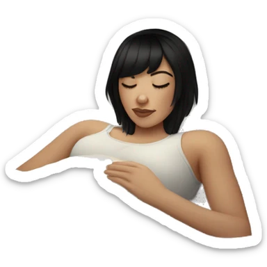 Woman pale skin black hair with bangs sleeping in bed with pillow, white woman sticker
