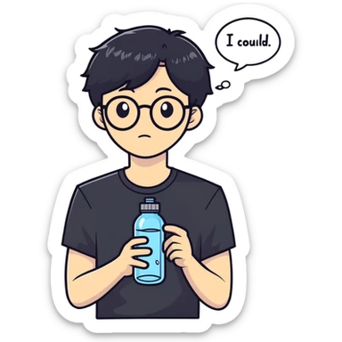 asian guy with glasses, kpop middle-part black hair, wearing a black t-shirt, holding an empty water bottle, thought bubble saying “i could” sticker