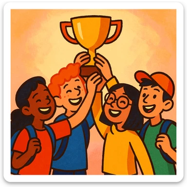 four diverse students in a warm atmosphere lifting a trophy together, expressive illustration style, soft background, happy faces, warm colors sticker