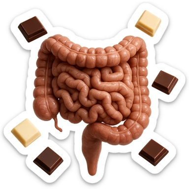 pezzetti di cioccolato fondenti, al latte e bianchi fluttuano intorno ad un intestino umano anatomico realistico, IPERREALISTICO 4K sticker