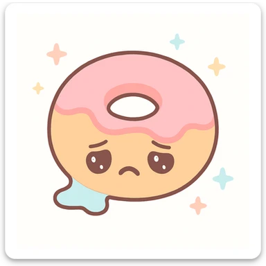 a donut with white creme leaking out, tired face, kawaii style sticker