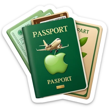 passport and airline tickets, Apple emoji style, colors #173e12 and #c1a793, no text sticker