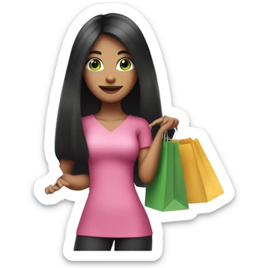 girl with very long black hair and green eyes and pink outfit holding credit card and shopping bags sticker