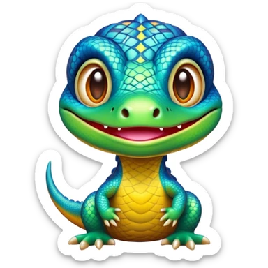Cinematic Cute Monitor Lizard Portrait Emoji, Head tilted playfully and inquisitively, with a sleek, patterned body accented by vibrant hues and round, sparkling eyes full of wonder, Simplified yet irresistibly adorable features, highly detailed, glowing with a warm, friendly glow, high shine, affectionate and lively, stylized with a touch of exotic charm, bright and endearing, soft glowing outline, capturing the essence of a mischievous yet captivating lizard that seems as if it could scuttle out of the screen into your arms! sticker