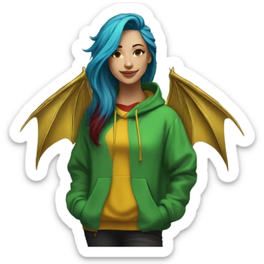 420 Lady with brunette and iridescent blue hair, hemp, gold, green dragon wings, maroon hoodie, 420, black and gold Nike t shirt, and bright red eyes sticker