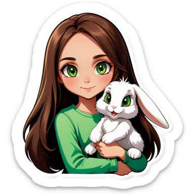 Long brown haired, green eyed girl holding a grey bunny. The bunny has floppy ears. sticker