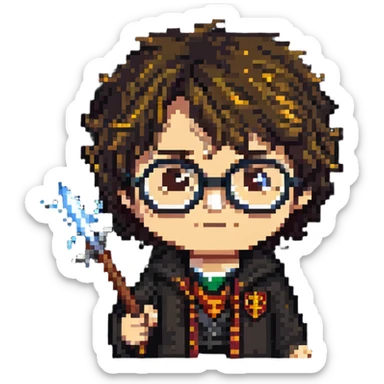 Harry Potter with glasses, lightning scar, and wand sticker