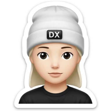 wearing a white beanie with an black square logo with the word "DX" written on it.

 sticker