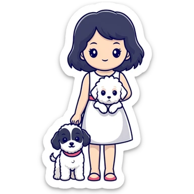 A beautiful girl with long black hair wearing a white dress holds a small white Bichon Frise in her arms sticker