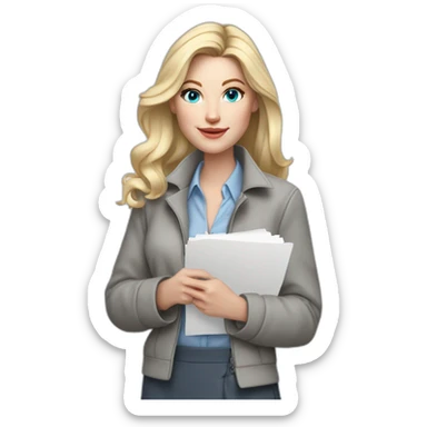 pale skin woman interior designer with cold blonde middle length hair, blue eyes, White blouse, Gray oversize jacket, Gray skirt holding a color palette in the hands sticker